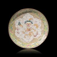 A Finely Decorated Chinese Enameled Copper "Dragons" Dish, 18th Century — 清中期 銅胎畫琺琅云龍紋賞盤