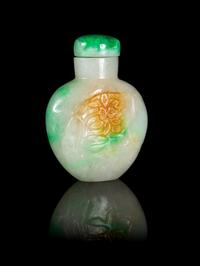 A Chinese Apple Green, Celadon and Russet Jadeite Snuff Bottle