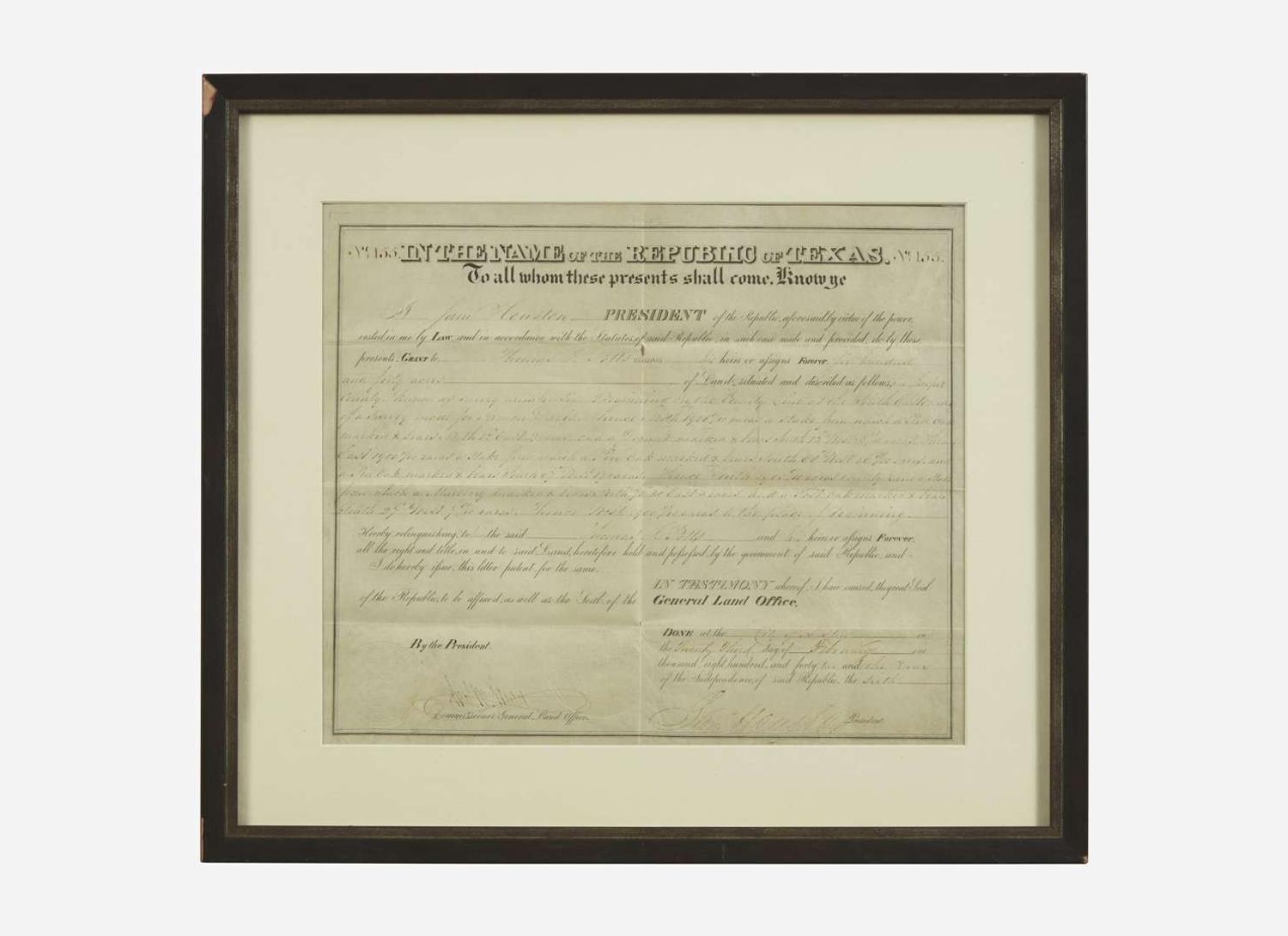 [Americana] [Republic of Texas] Houston, Sam: Partially-Printed Document, signed