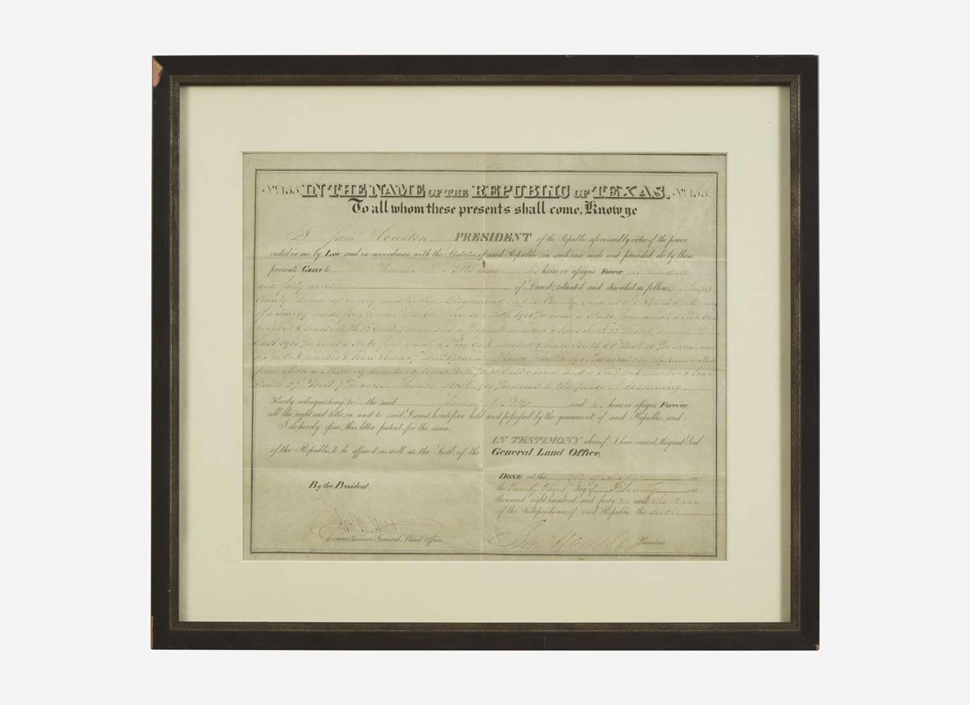 [Americana] [Republic of Texas] Houston, Sam: Partially-Printed Document, signed