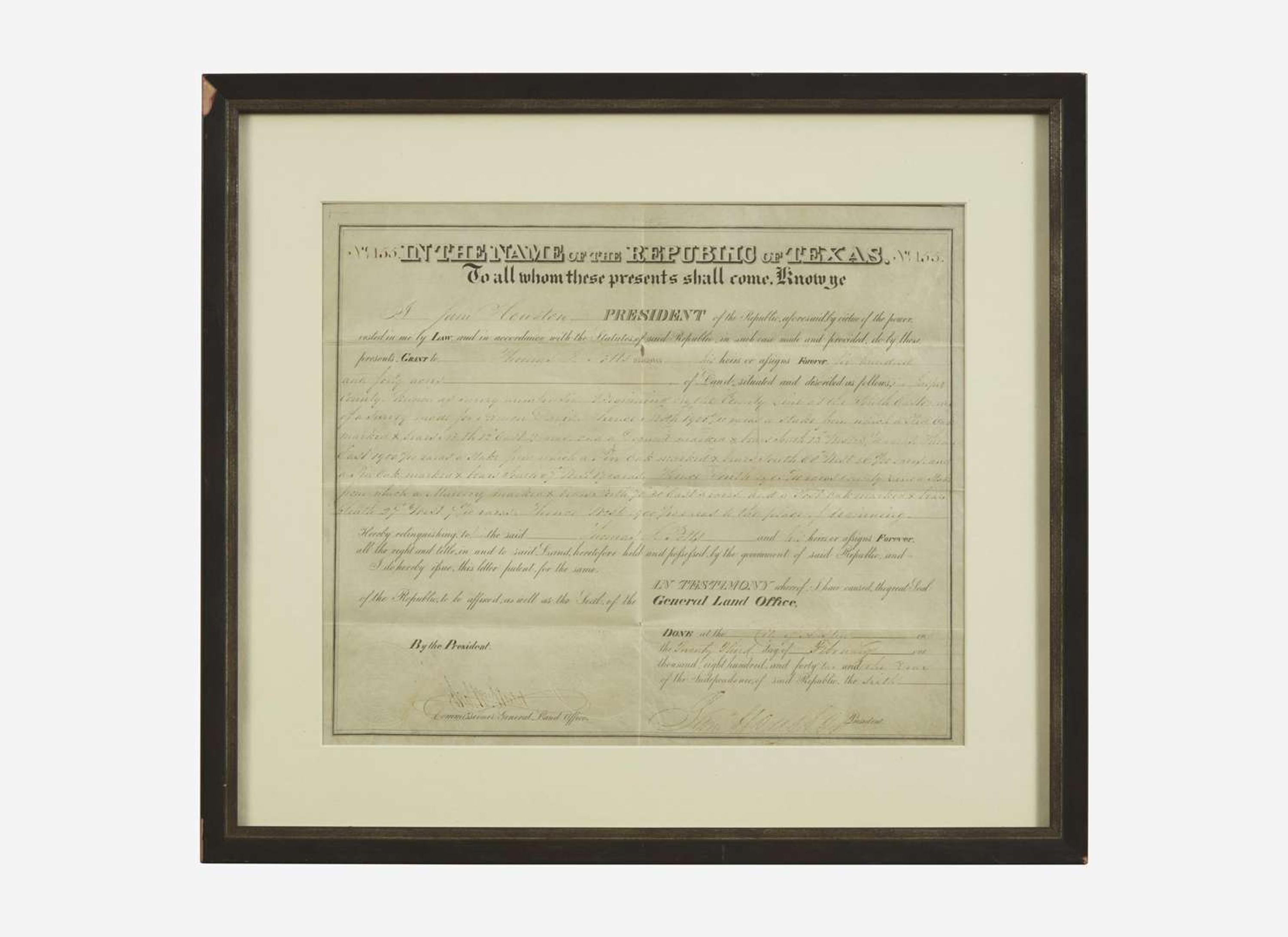 [Americana] [Republic of Texas] Houston, Sam: Partially-Printed Document, signed