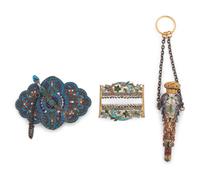 A Russian Enameled Silver Box, Two Buckles and a Scent Flask