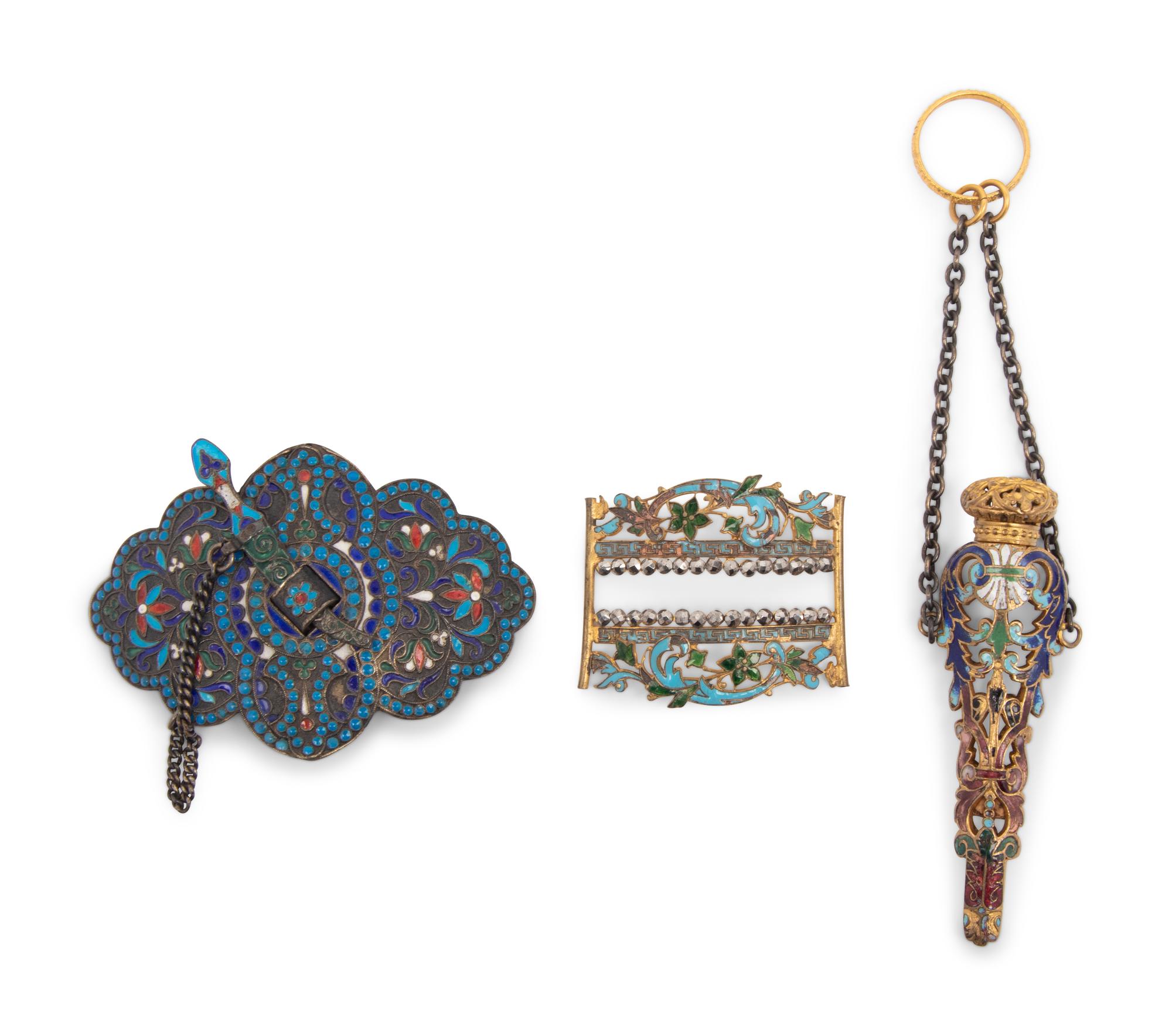 A Russian Enameled Silver Box, Two Buckles and a Scent Flask