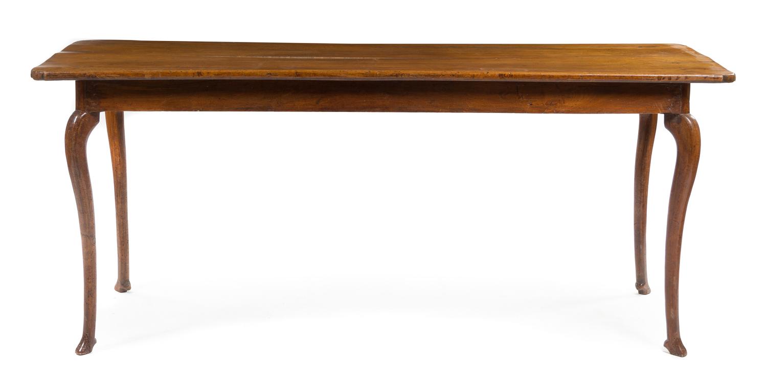 A French Provincial Walnut Dining Table Height 31 x width 77 x depth 27 3/4 inches. — 18TH CENTURY