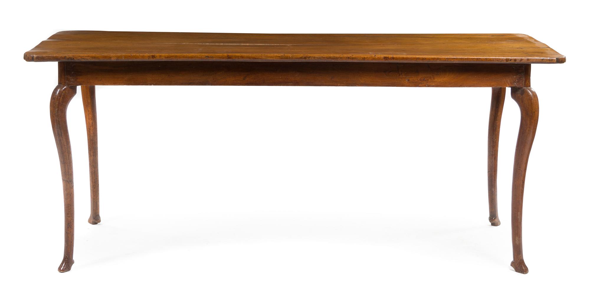 A French Provincial Walnut Dining Table Height 31 x width 77 x depth 27 3/4 inches. — 18TH CENTURY