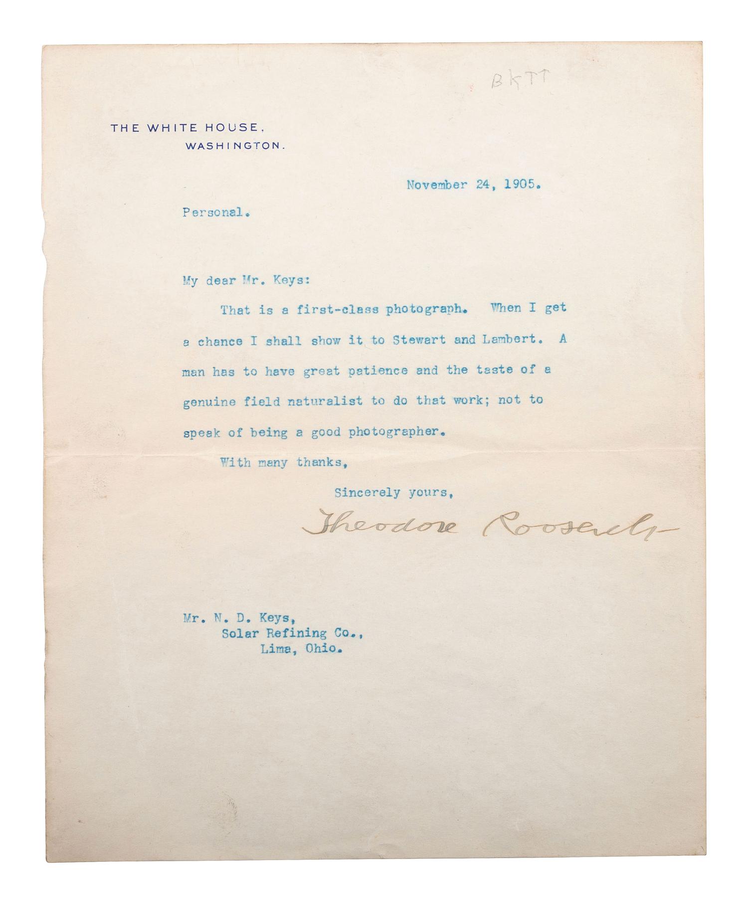 ROOSEVELT, Theodore (1858-1919). TLS. [With:] TAFT, William Howard (1857-1930). Signature.