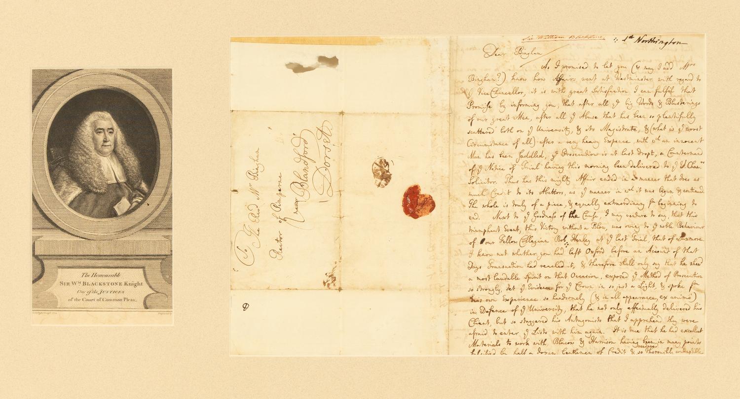BLACKSTONE, William, Sir (1723-1780). Autograph letter signed ("Will Blackstone"), to George Bingham, 17 November 1748.