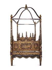 A Chinese Export Brown and Gold Lacquer Four-Post Canopy Bed