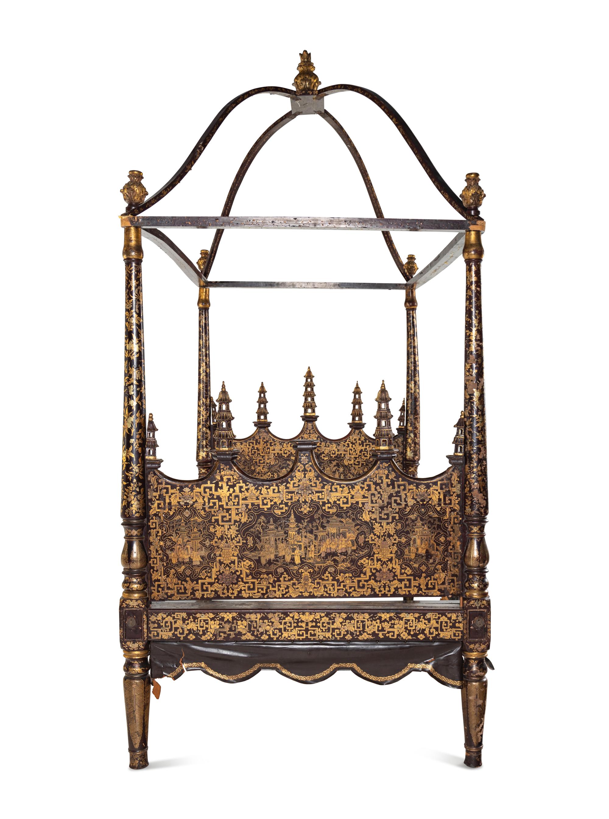 A Chinese Export Brown and Gold Lacquer Four-Post Canopy Bed