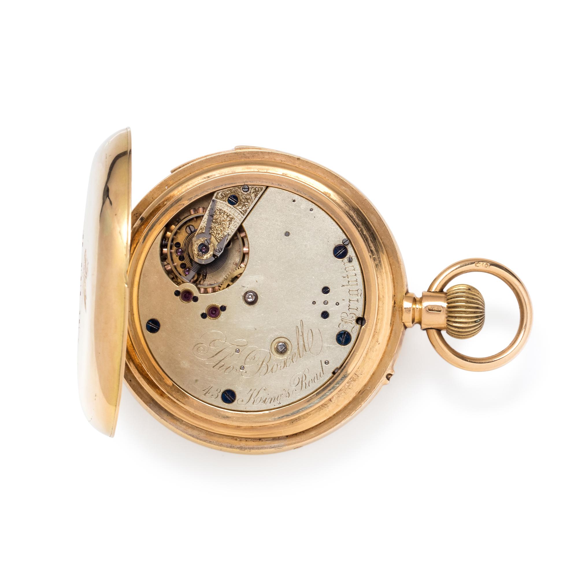 T. BOXELL, 18K YELLOW GOLD PERPETUAL CALENDAR, MOON PHASE, HALF QUARTER HOUR REPEATER OPEN FACE POCKET WATCH