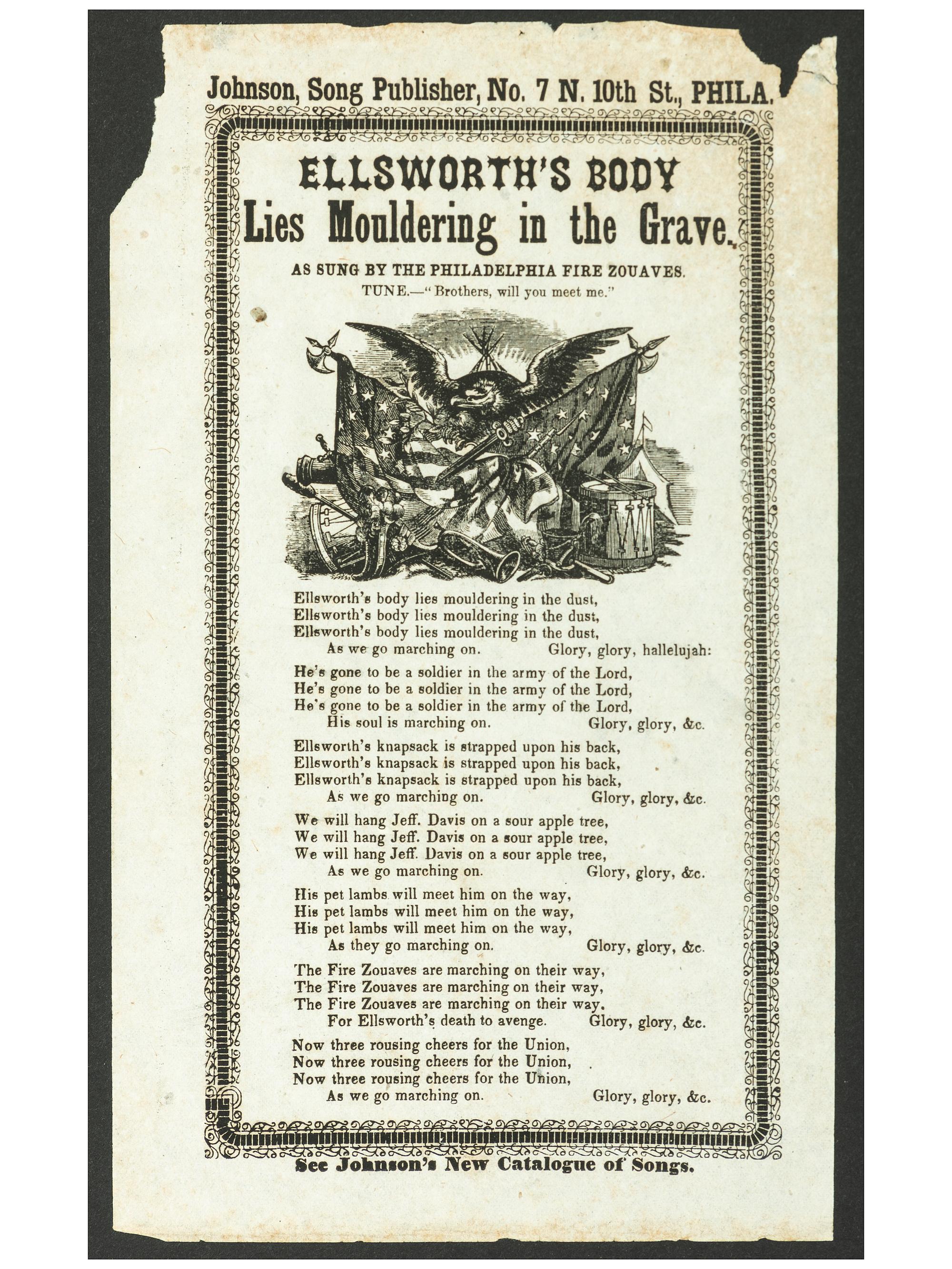 [CIVIL WAR]. A group of 2 items mourning the loss of Elmer Ellsworth, incl. gem-sized tintype memorial pin and illustrated broadside.