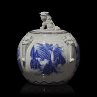 A Japanese Hirado Porcelain Globular Jar and Cover, Meiji Period 日本 明治時期 平戶燒山水瑞獸圖獅紐蓋罐