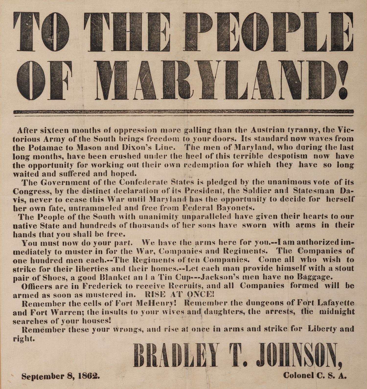 [CIVIL WAR] . To the People of Maryland! N.p.: N.p., 8 September 1862.