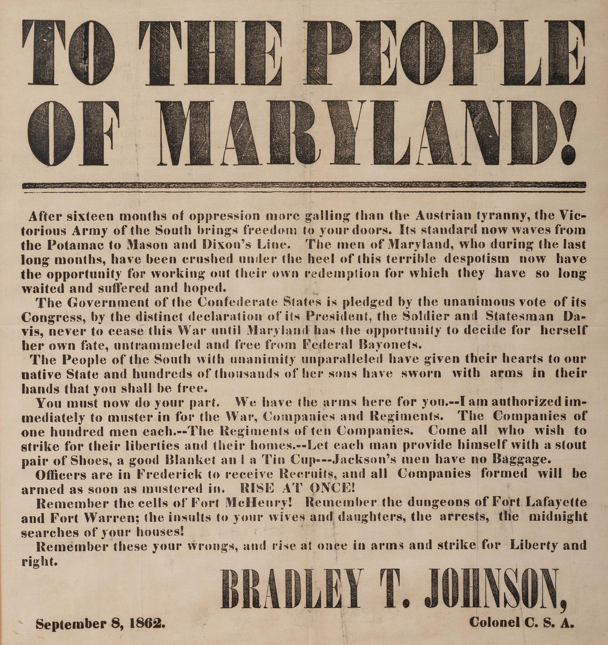 [CIVIL WAR] . To the People of Maryland! N.p.: N.p., 8 September 1862.