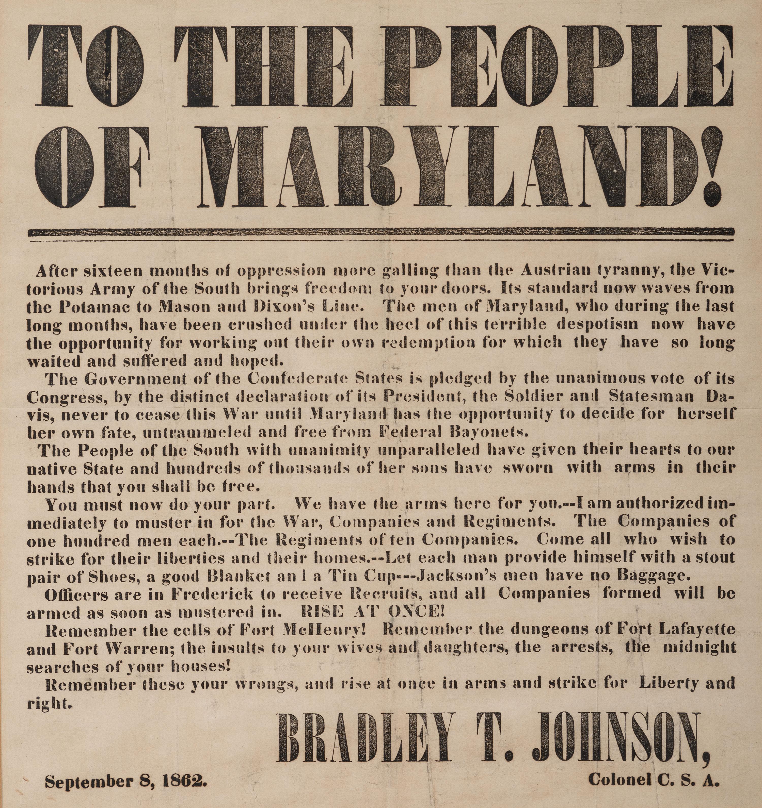 [CIVIL WAR] . To the People of Maryland! N.p.: N.p., 8 September 1862.