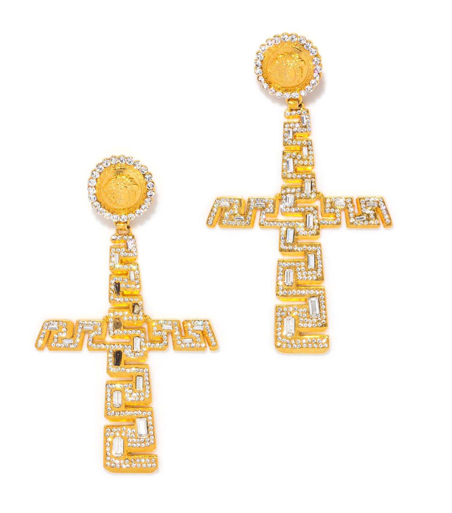 A Pair of Gianni Versace Runway Rhinestone Cross Earclips, Medallion: 1.25" x 1.25"; Cross: 4.5" x 3.5"; Drop: 6"