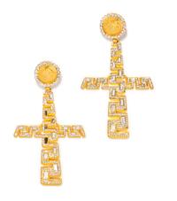 A Pair of Gianni Versace Runway Rhinestone Cross Earclips, Medallion: 1.25" x 1.25"; Cross: 4.5" x 3.5"; Drop: 6"