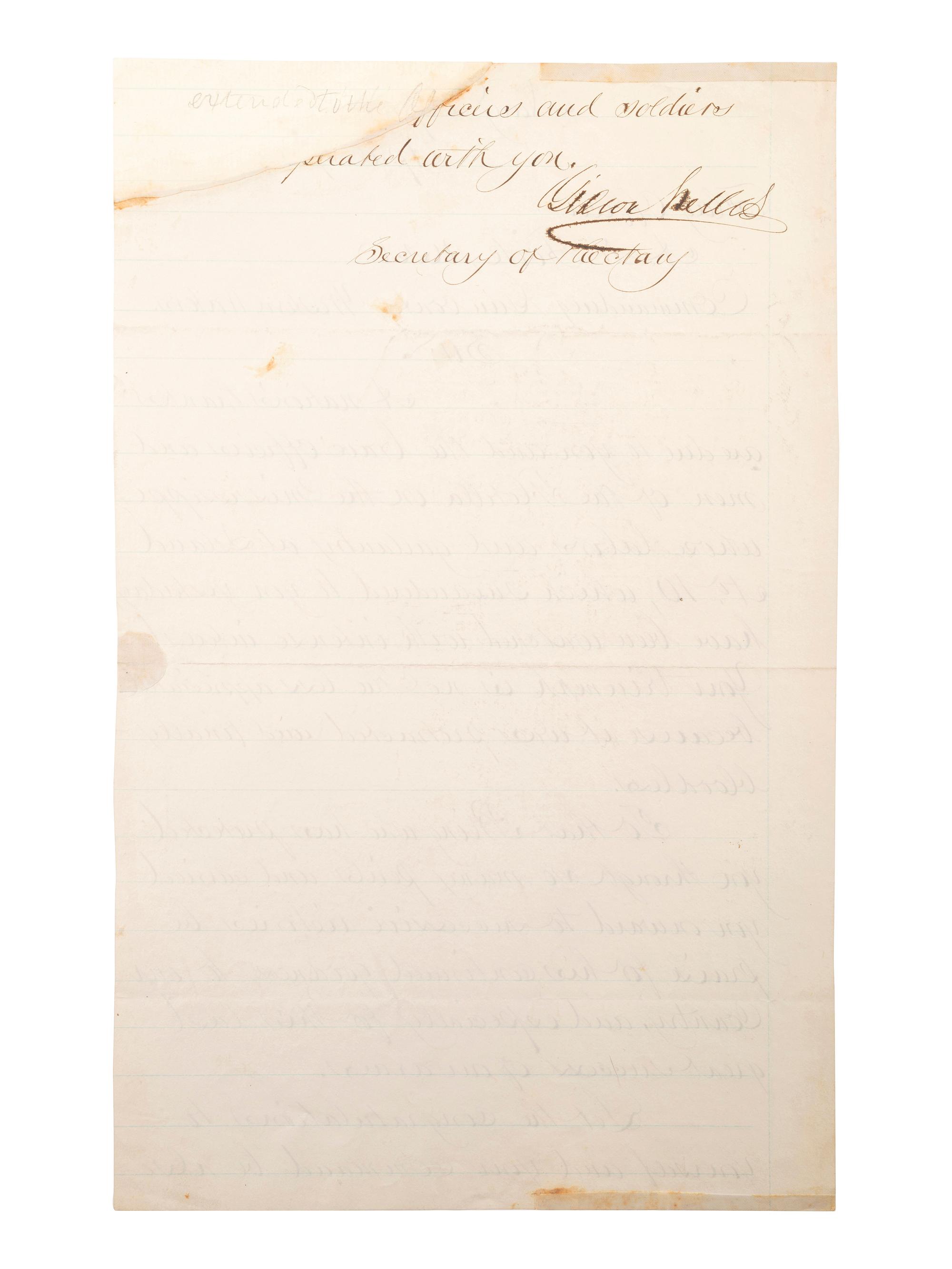 [CIVIL WAR - NAVY]. WELLES, Gideon (1802-1878). Letter signed ("Gideon Welles"), as Secretary of the US Navy, to Flag Officer A.H. Foote (1806-1863). [Washington, D.C.], 9 April 1862.