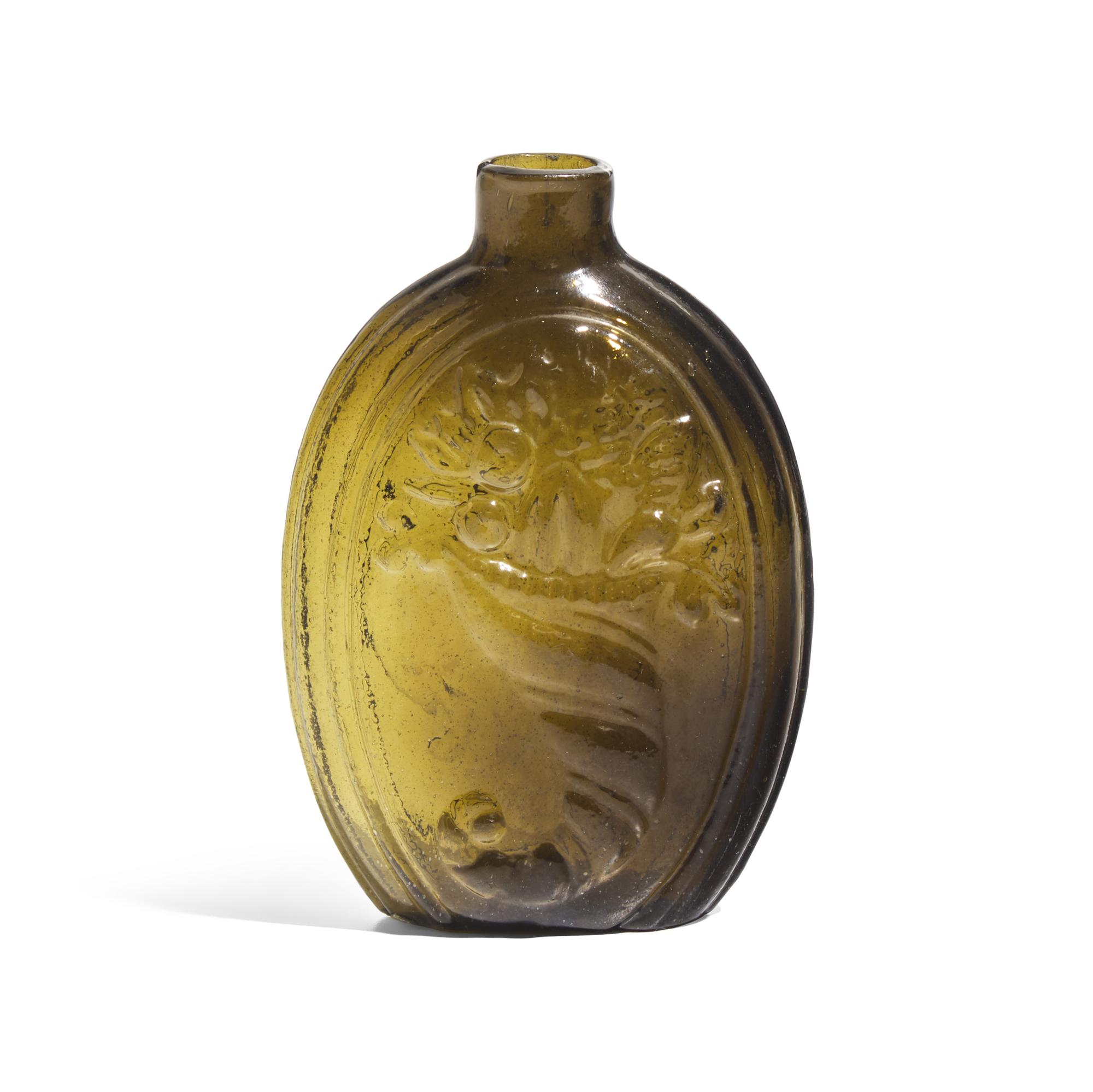 A Molded Olive Green Glass Cornucopia and Urn Flask