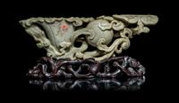 A Chicken Bone Jade 'Lotus and Lingzhi ' Brush Washer and Water Coupe Set