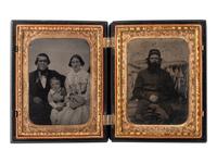 [CIVIL WAR]. Quarter plate tintype of a grizzled soldier posed before painted camp backdrop.