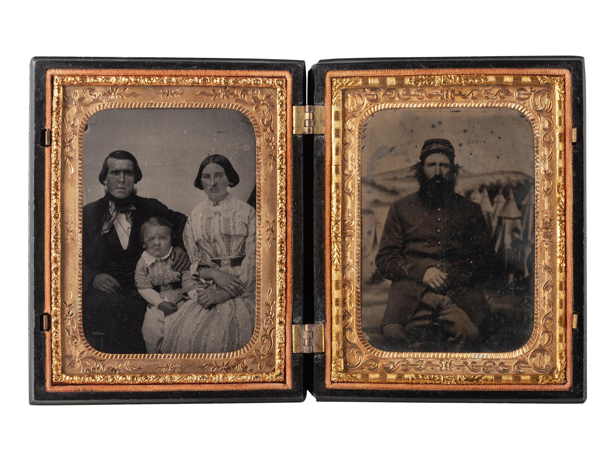 [CIVIL WAR]. Quarter plate tintype of a grizzled soldier posed before painted camp backdrop.
