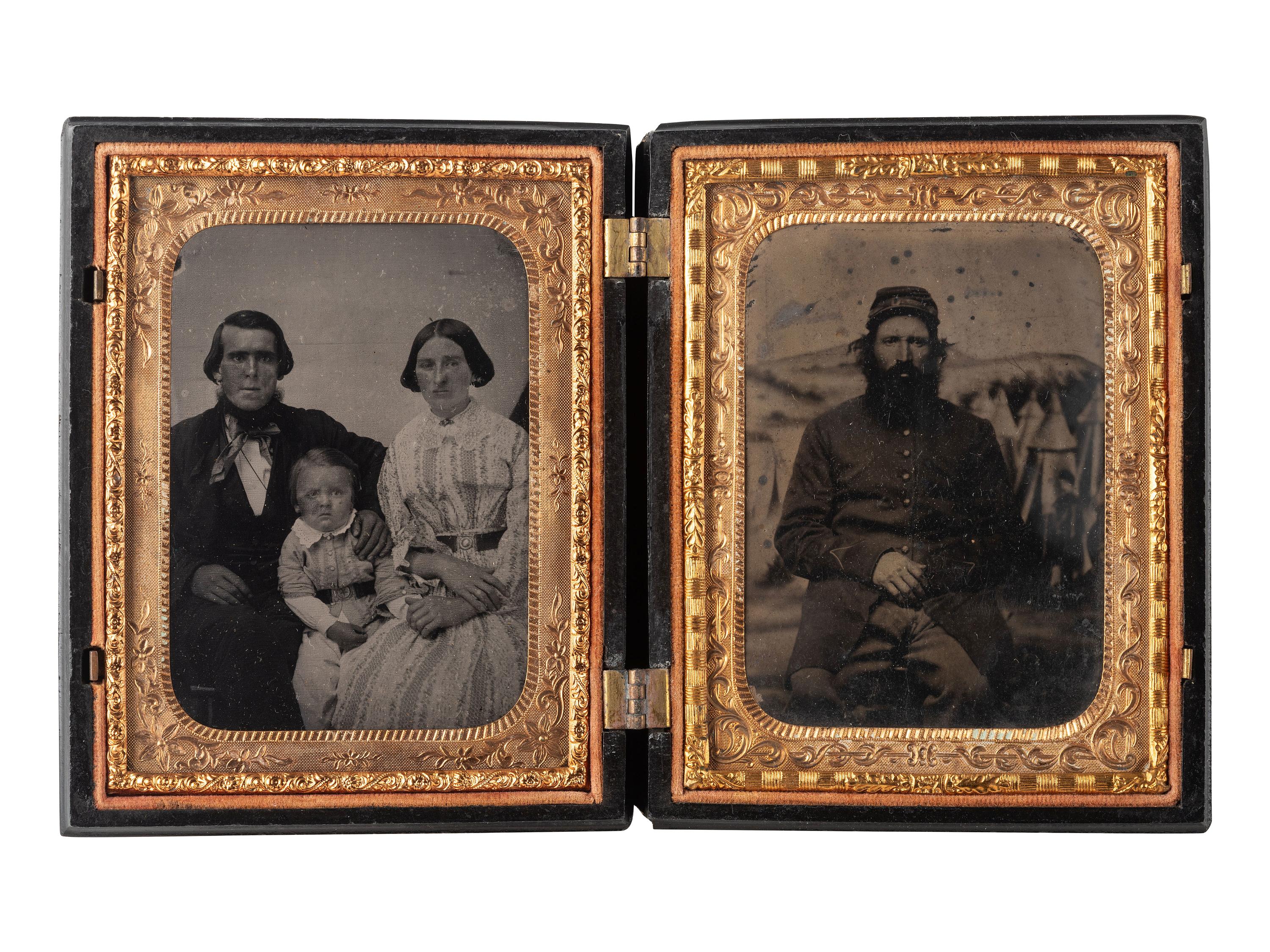[CIVIL WAR]. Quarter plate tintype of a grizzled soldier posed before painted camp backdrop.