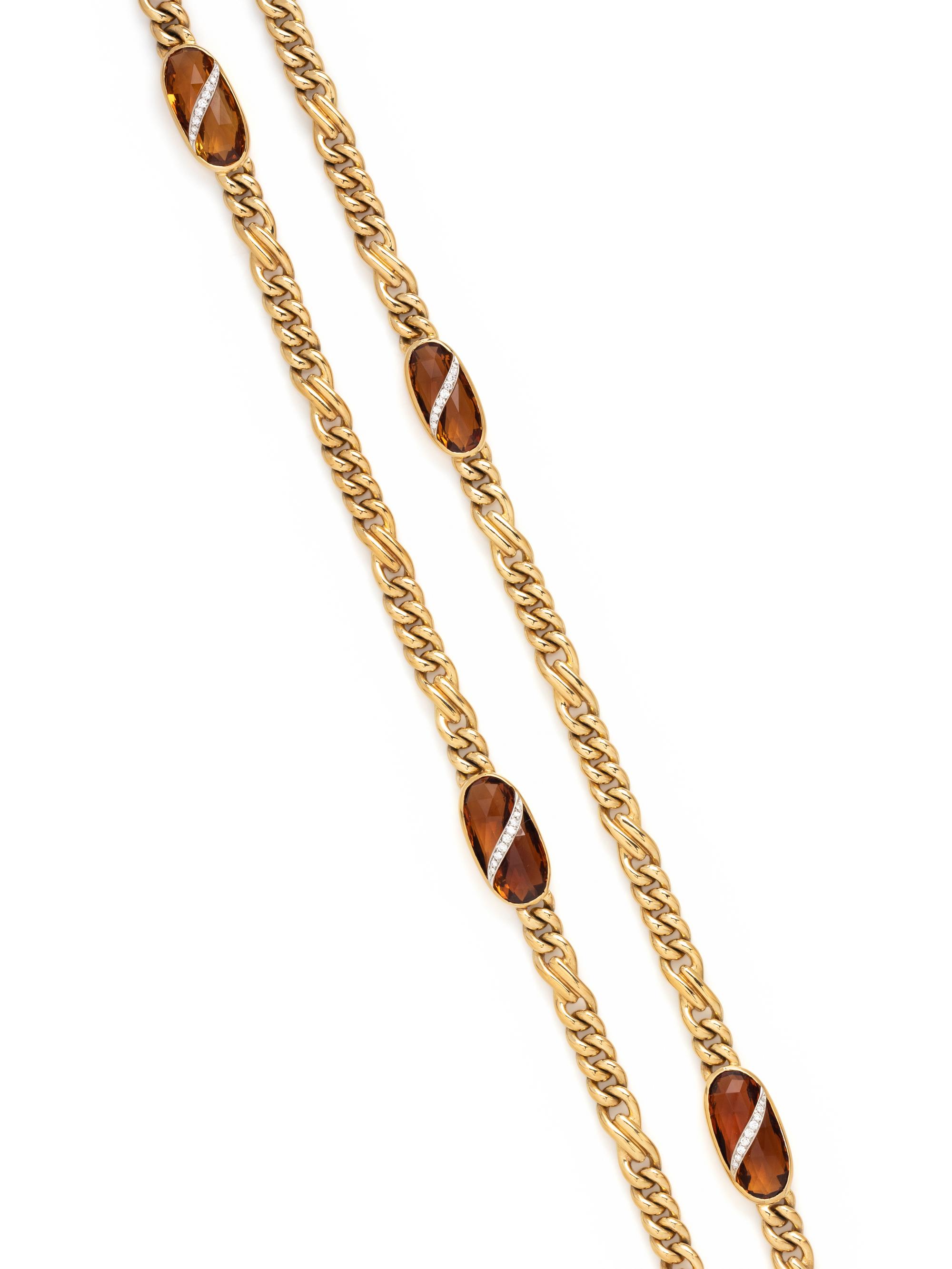 YELLOW GOLD, CITRINE AND DIAMOND LONGCHAIN NECKLACE