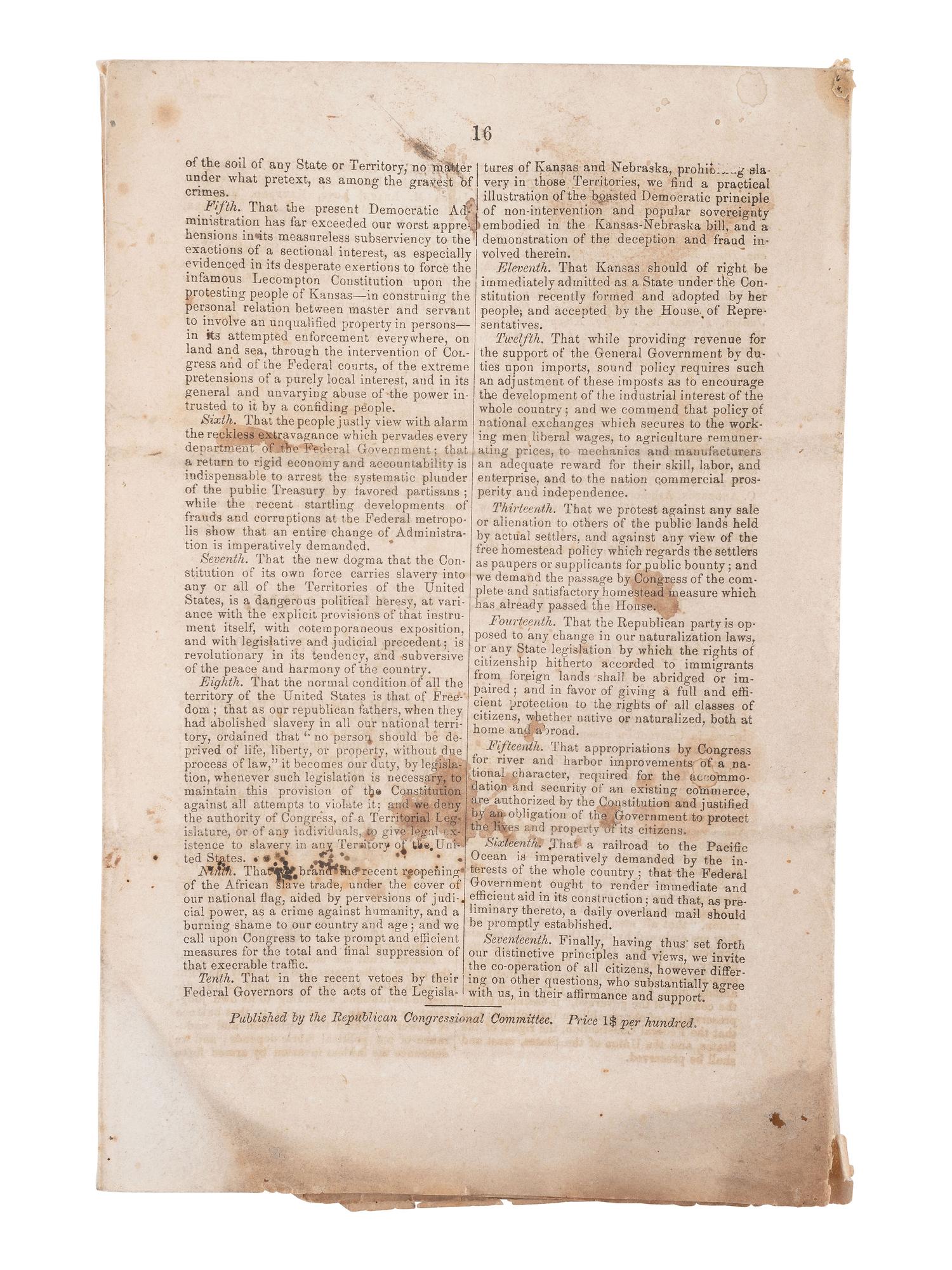 [POLITICS] -- [AFRICAN AMERICANA]. Republican Platform, Adopted by the Chicago Convention, May 1860.