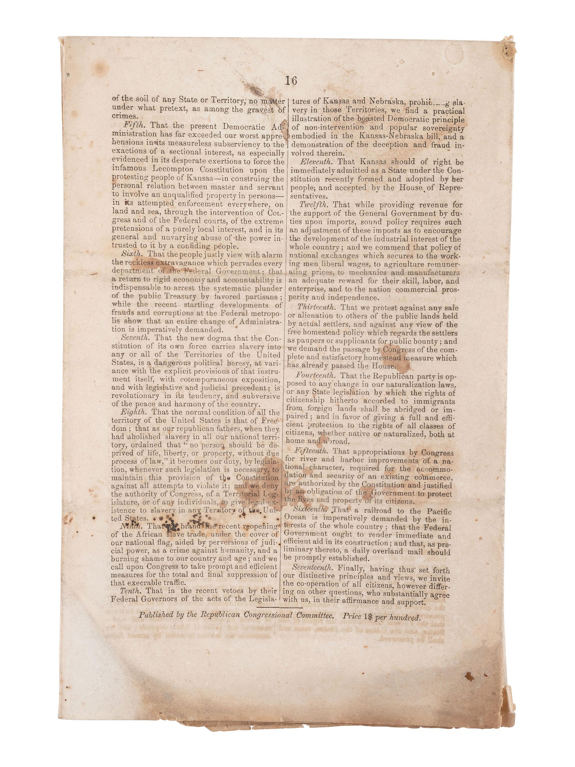 [POLITICS] -- [AFRICAN AMERICANA]. Republican Platform, Adopted by the Chicago Convention, May 1860.