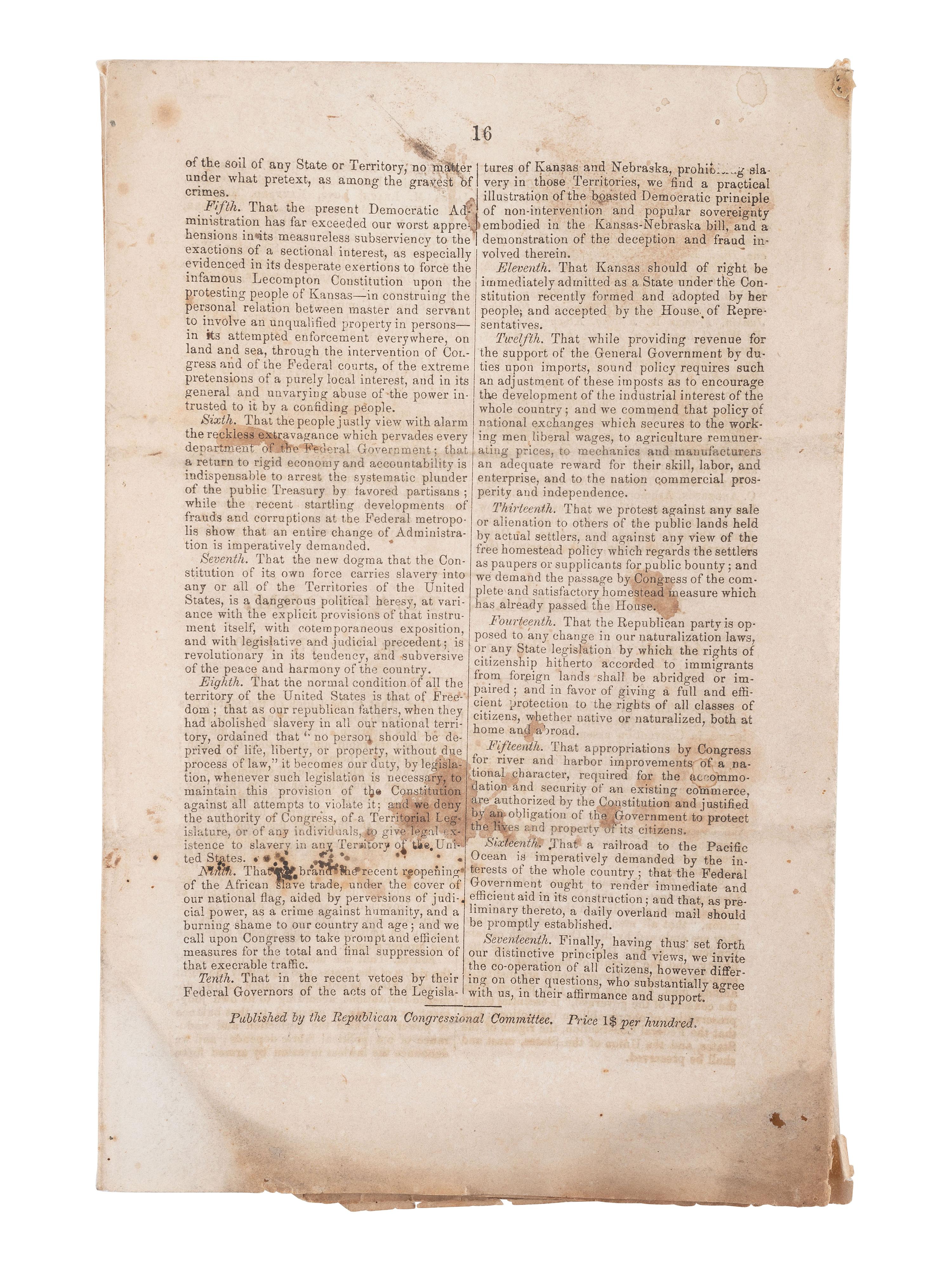 [POLITICS] -- [AFRICAN AMERICANA]. Republican Platform, Adopted by the Chicago Convention, May 1860.