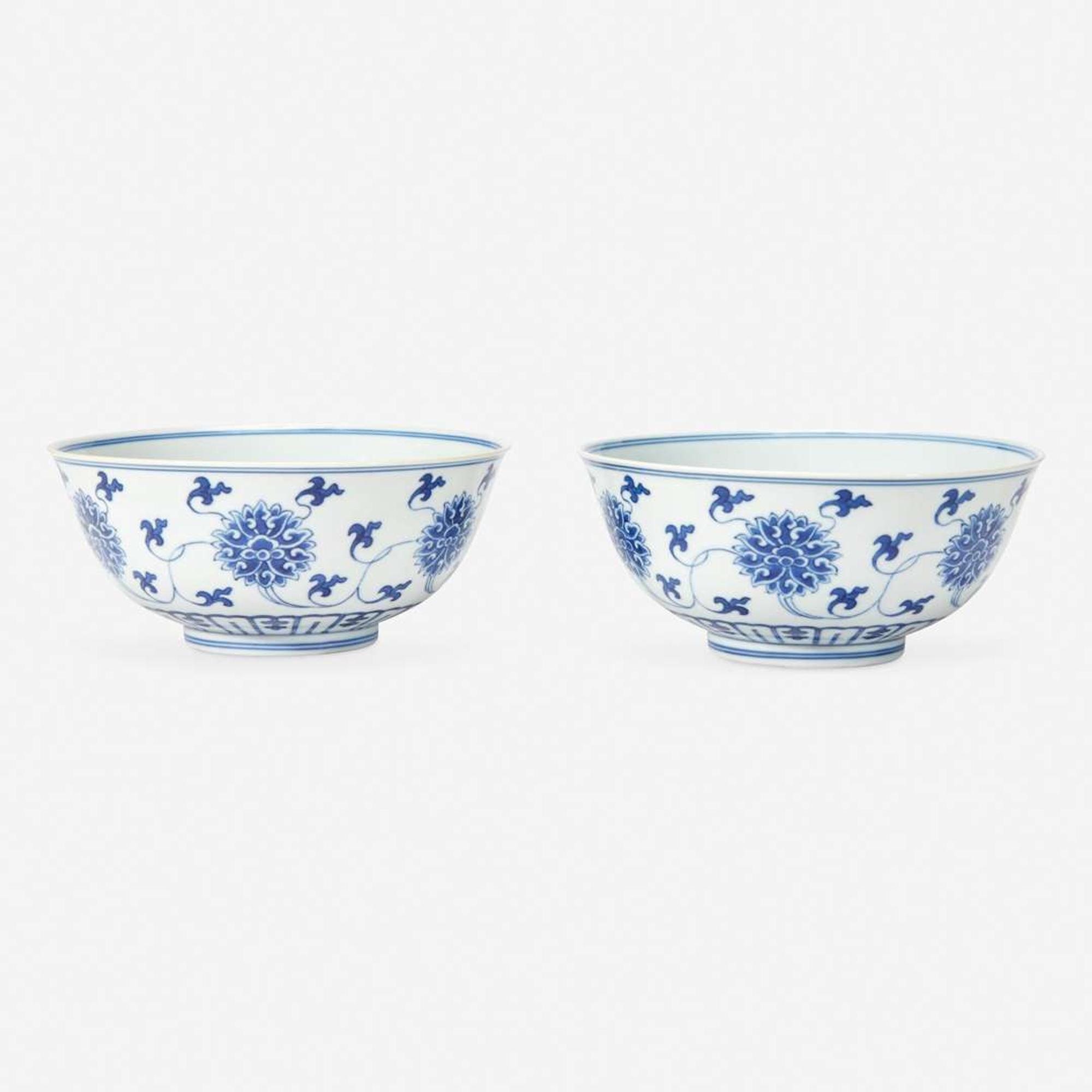 A pair of Chinese blue and white porcelain bowls 青花缠枝莲纹碗一对 Daoguang mark and probably of the period ??? ????