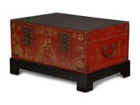 A Chinese Gilt-Decorated Red Leather Trunk on Black Lacquered Stand