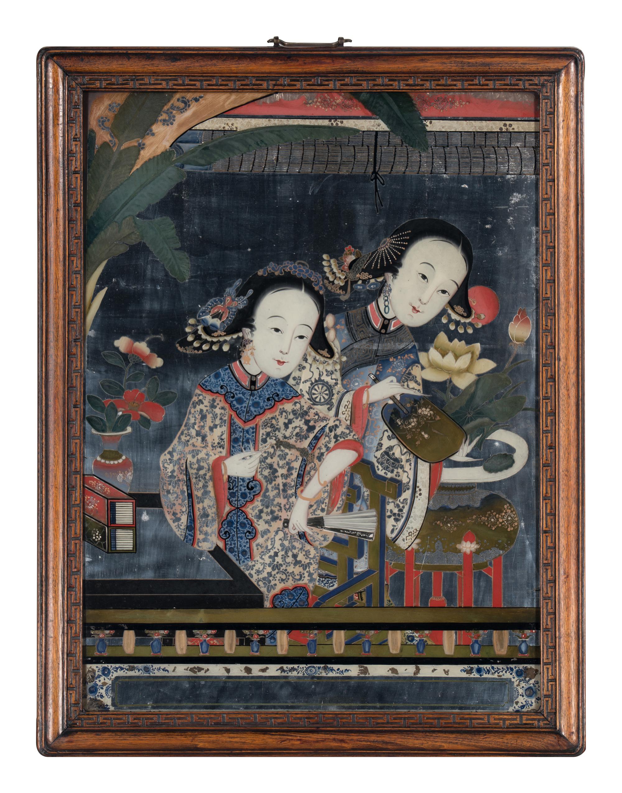 A Pair of Chinese Reverse Painted Mirror Panels