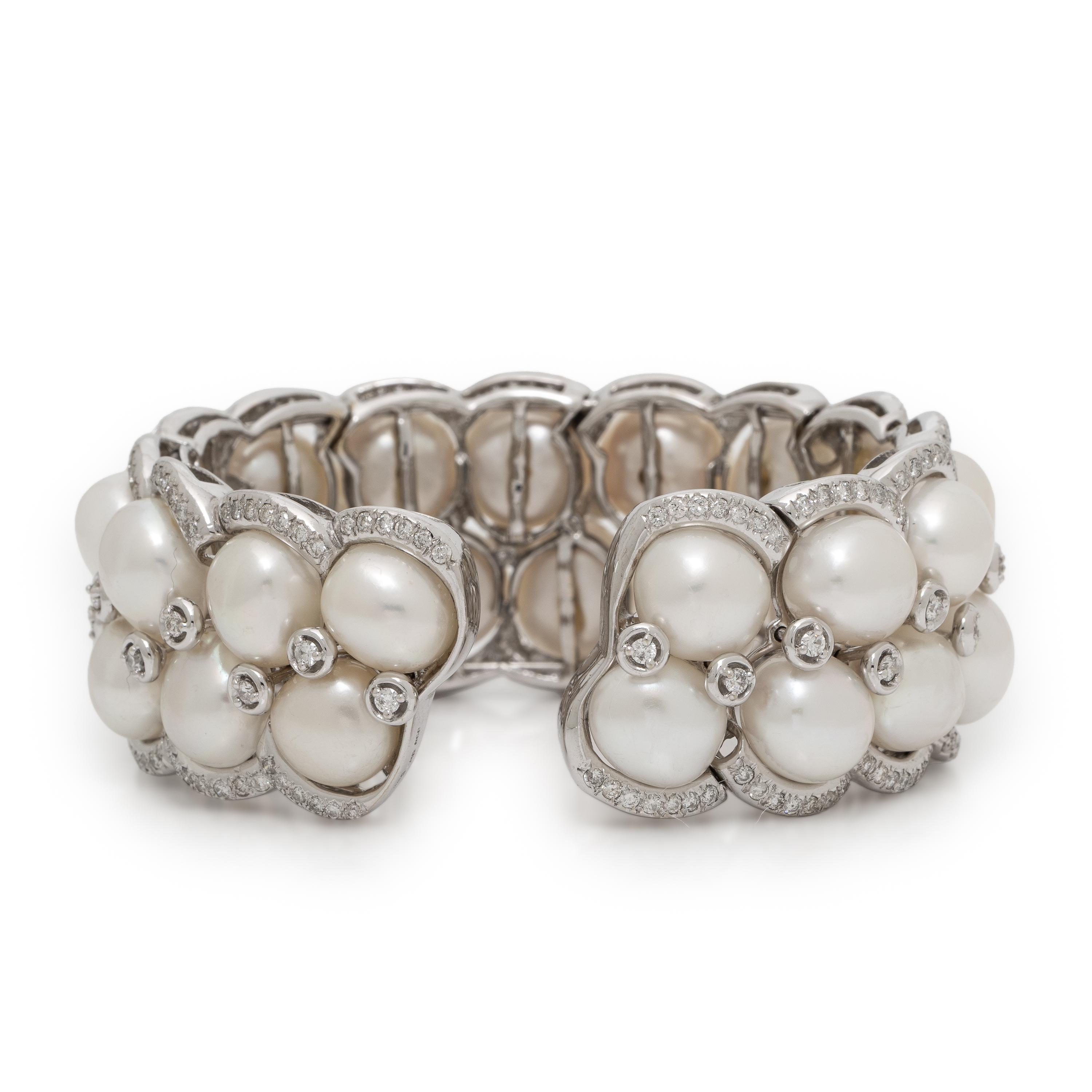 Cultured Pearl, Diamond, and White Gold Cuff Bracelet