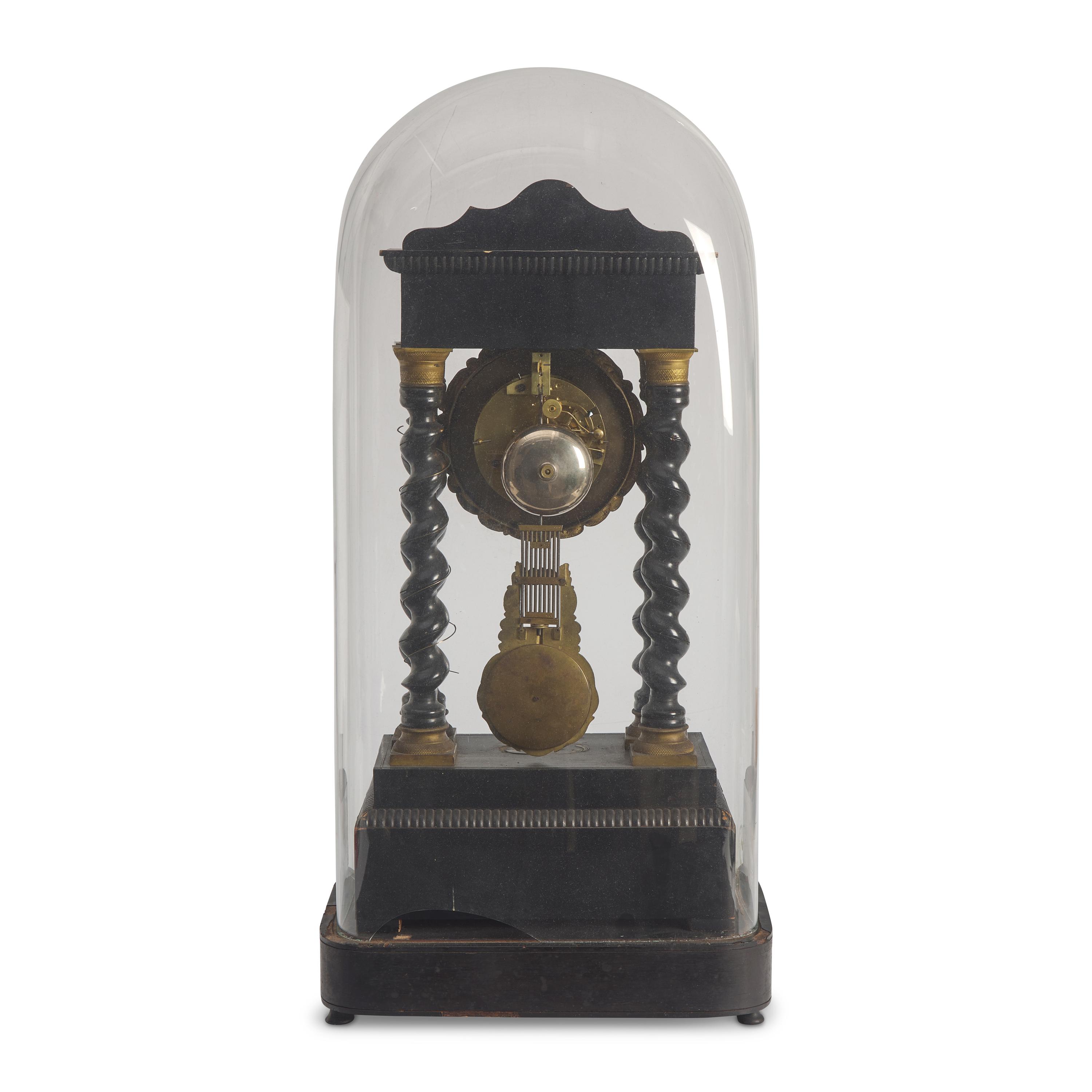 A Continental Brass and Stone Inlaid Portico Clock