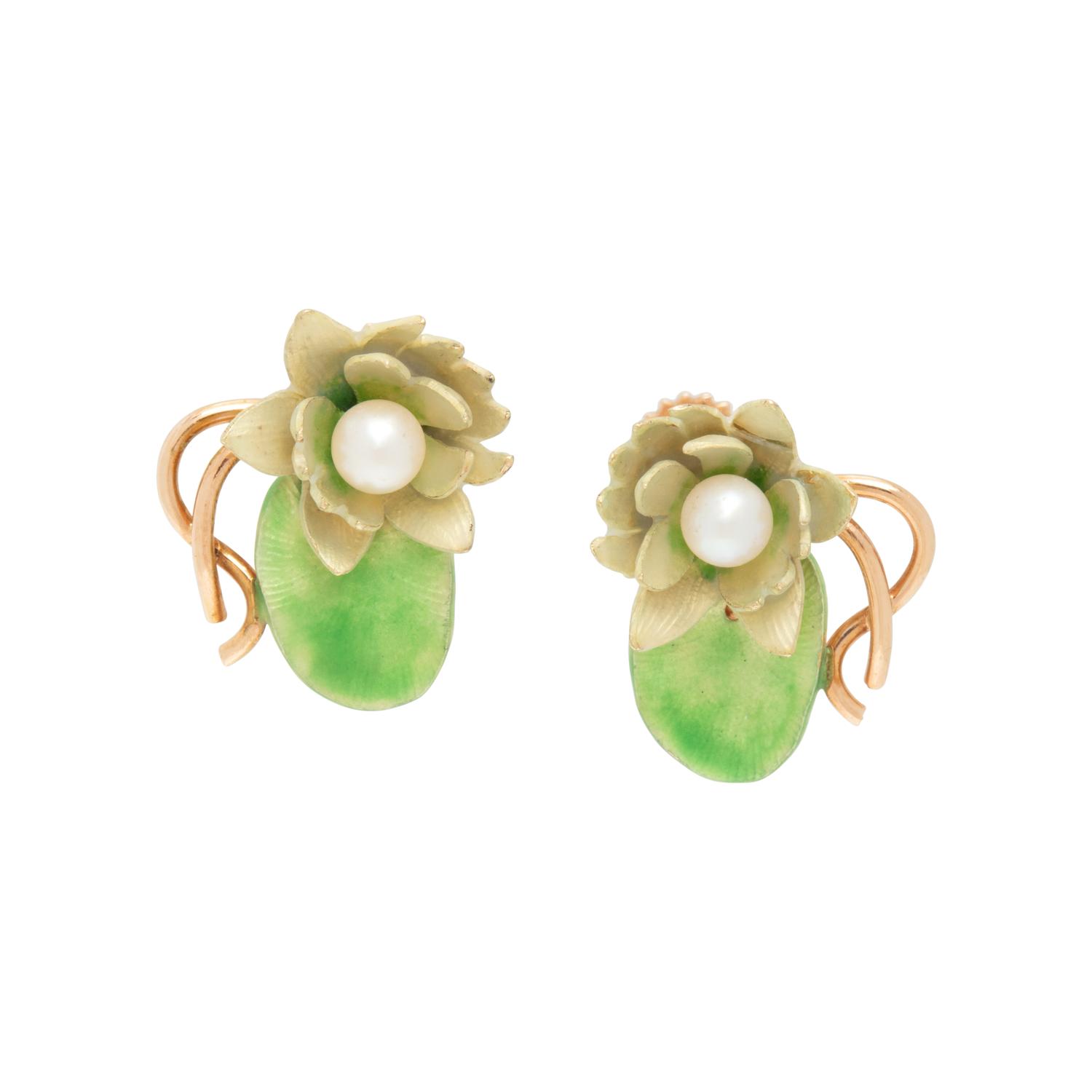 CULTURED PEARL AND ENAMEL LILYPAD EARCLIPS