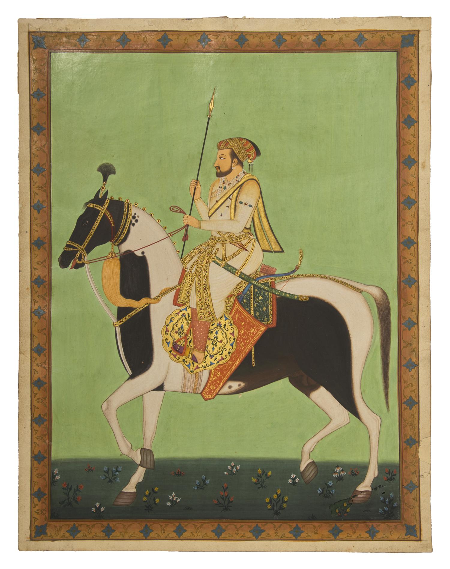 A Painting of the Mughal Emperor Shah Jahan Astride His Stallion, India, Rajasthan, 20th Century