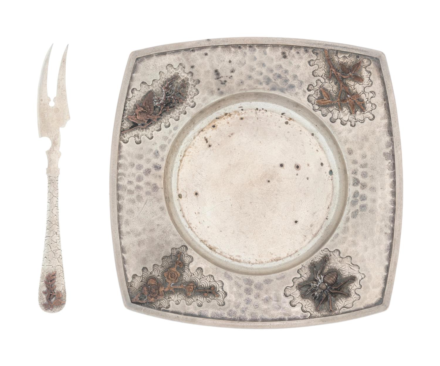 An American Silver and Mixed Metals Cheese Dish and Fork