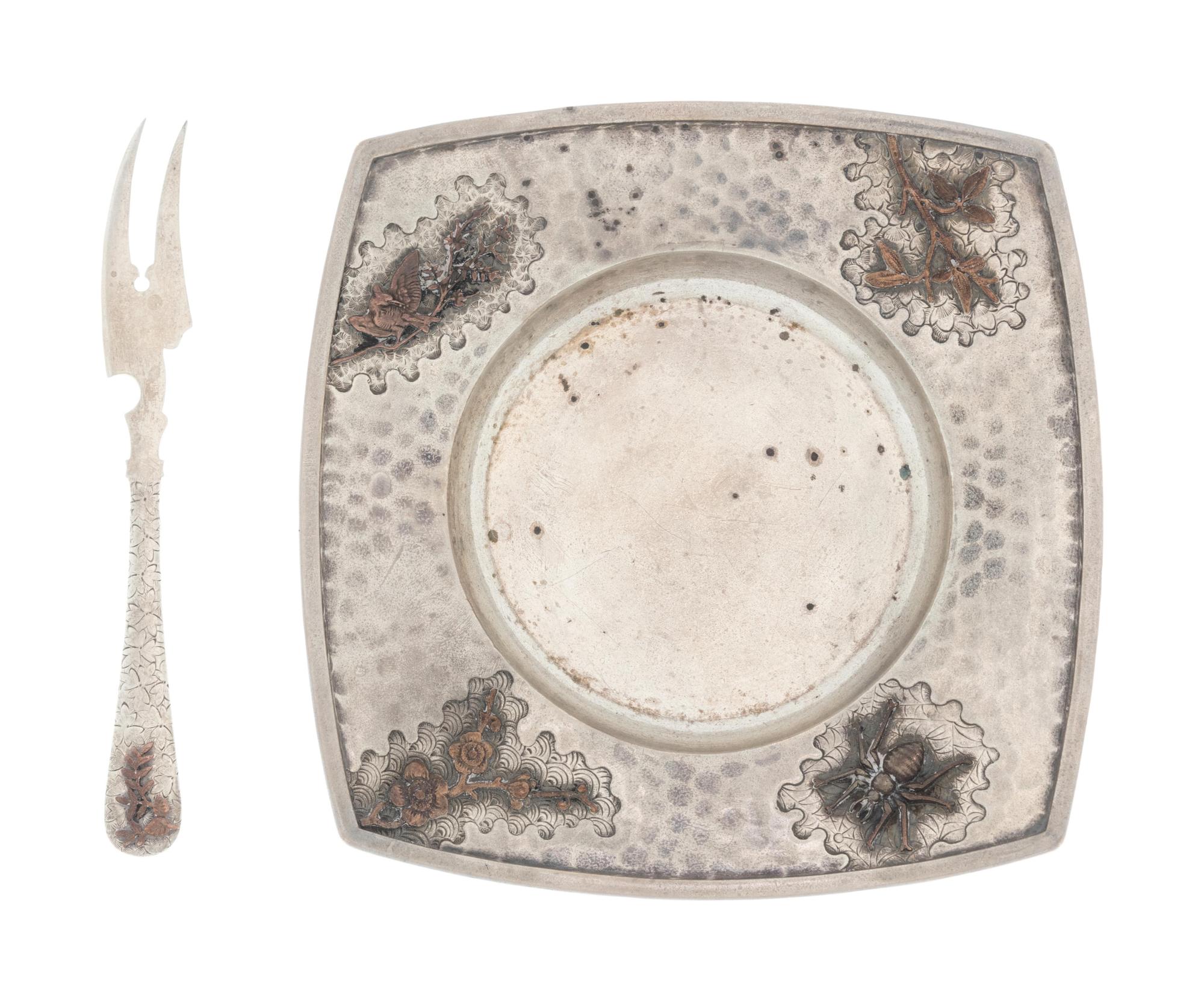 An American Silver and Mixed Metals Cheese Dish and Fork