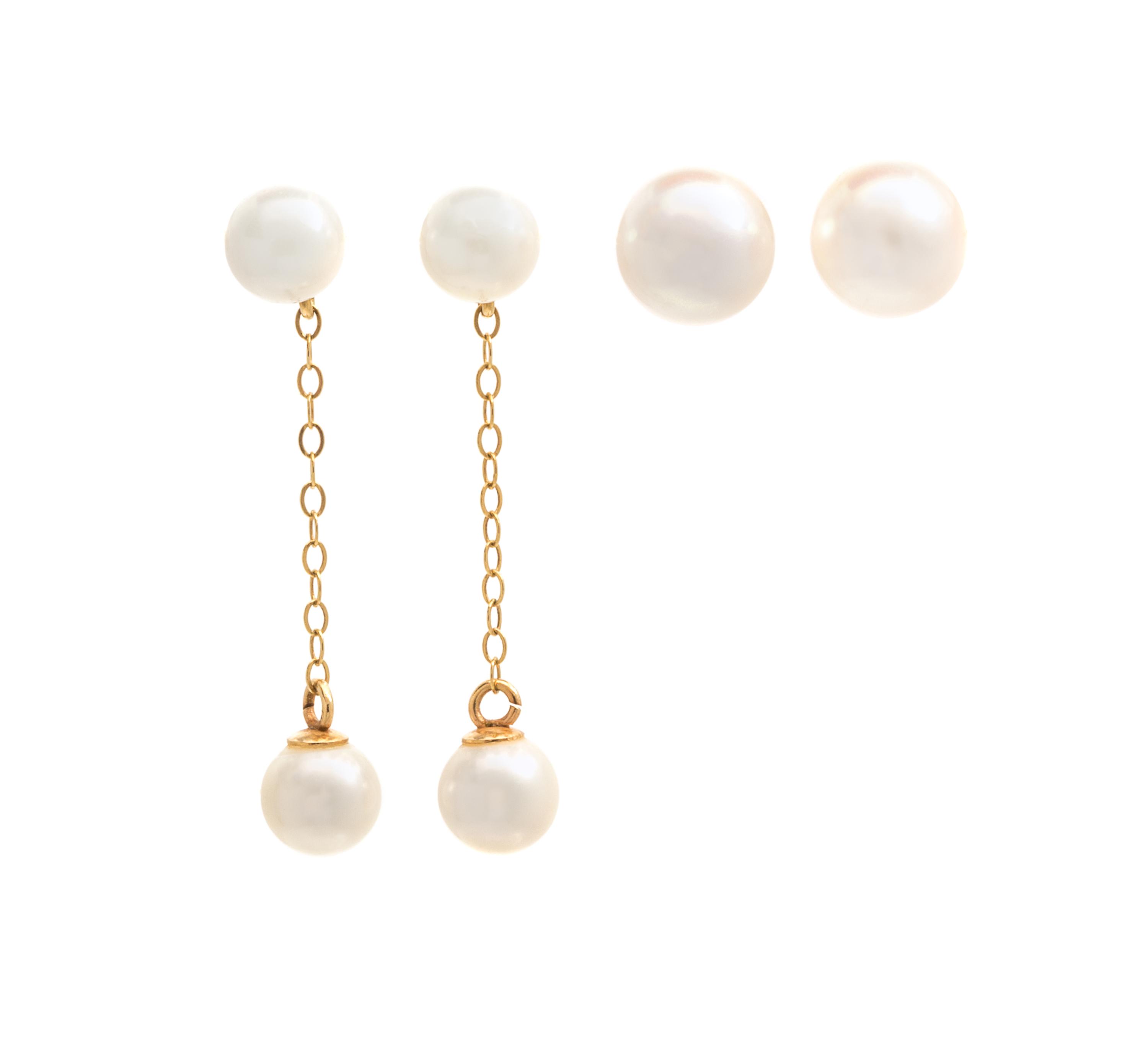A Collection of 14 Karat Yellow Gold and Cultured Pearl Earrings, 2.70 dwts.