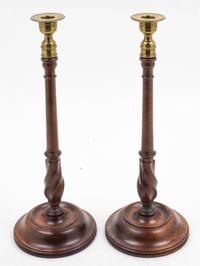 A Pair of Victorian Turned Wood Candlesticks Height 15 inches.
