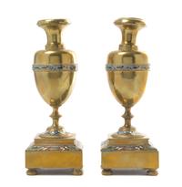 A Pair of Champleve Decorated Candlesticks Height 9 1/2 inches. — 19TH/20TH CENTURY