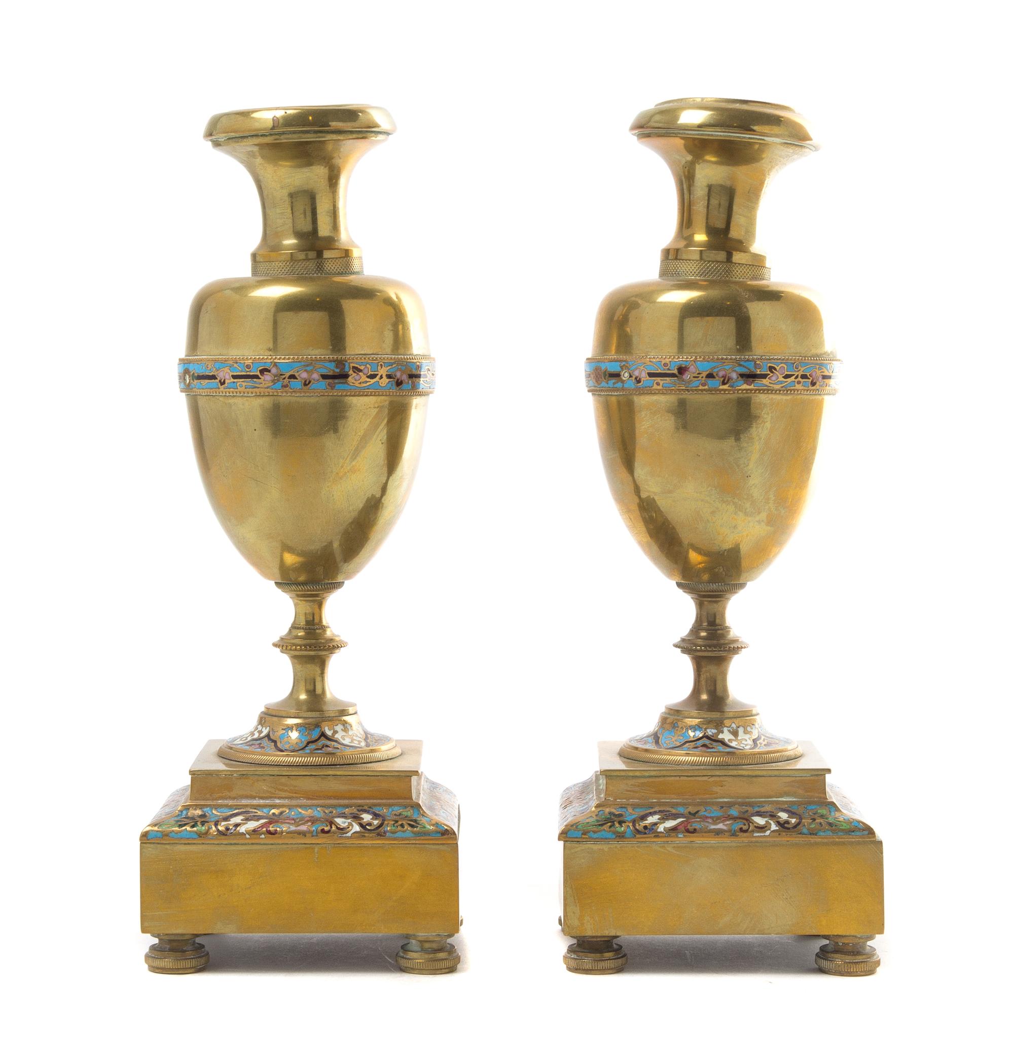 A Pair of Champleve Decorated Candlesticks Height 9 1/2 inches. — 19TH/20TH CENTURY