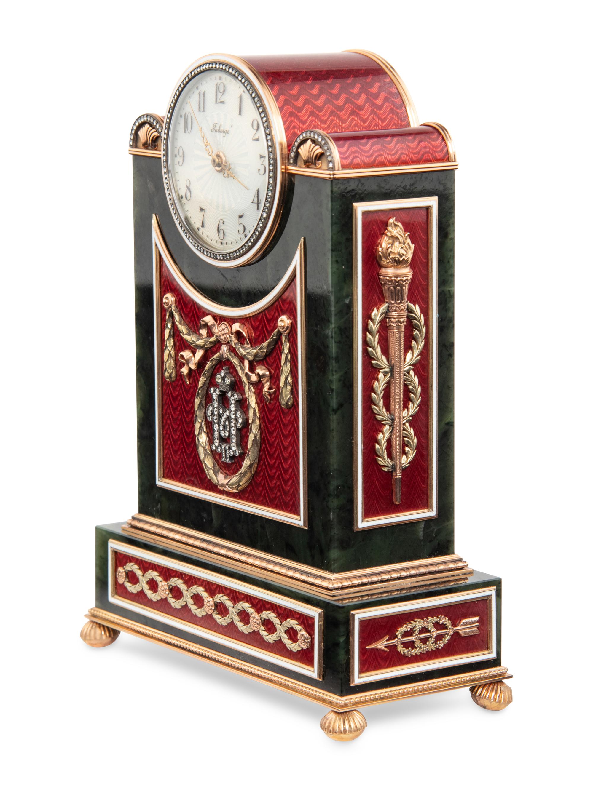 A Gold, Guilloché Enamel, Diamond, Gemstone and Nephrite Mantel Clock