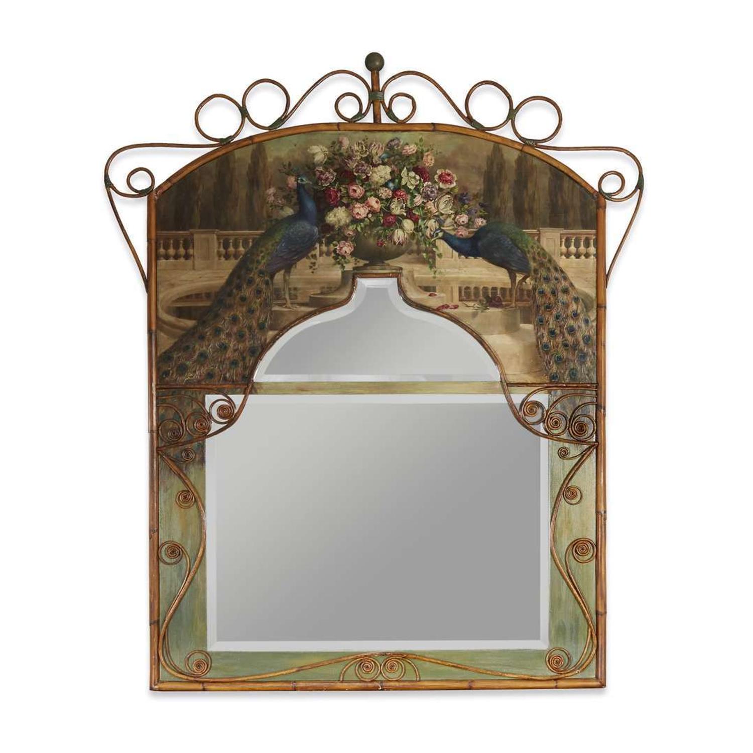 A large polychrome painted stick and ball rattan mirror with peacocks american, circa 1900