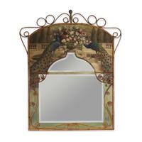 A large polychrome painted stick and ball rattan mirror with peacocks american, circa 1900