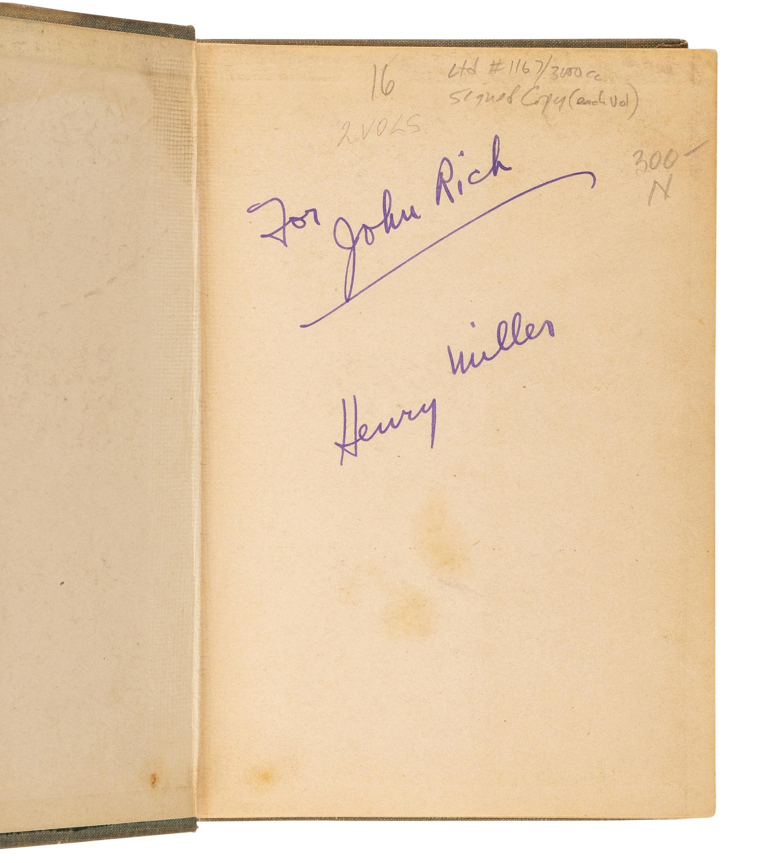 MILLER, Henry (1891-1980). The Rosy Crucifixion Book One: Sexus . Paris: The Obelisk Press, 1949.