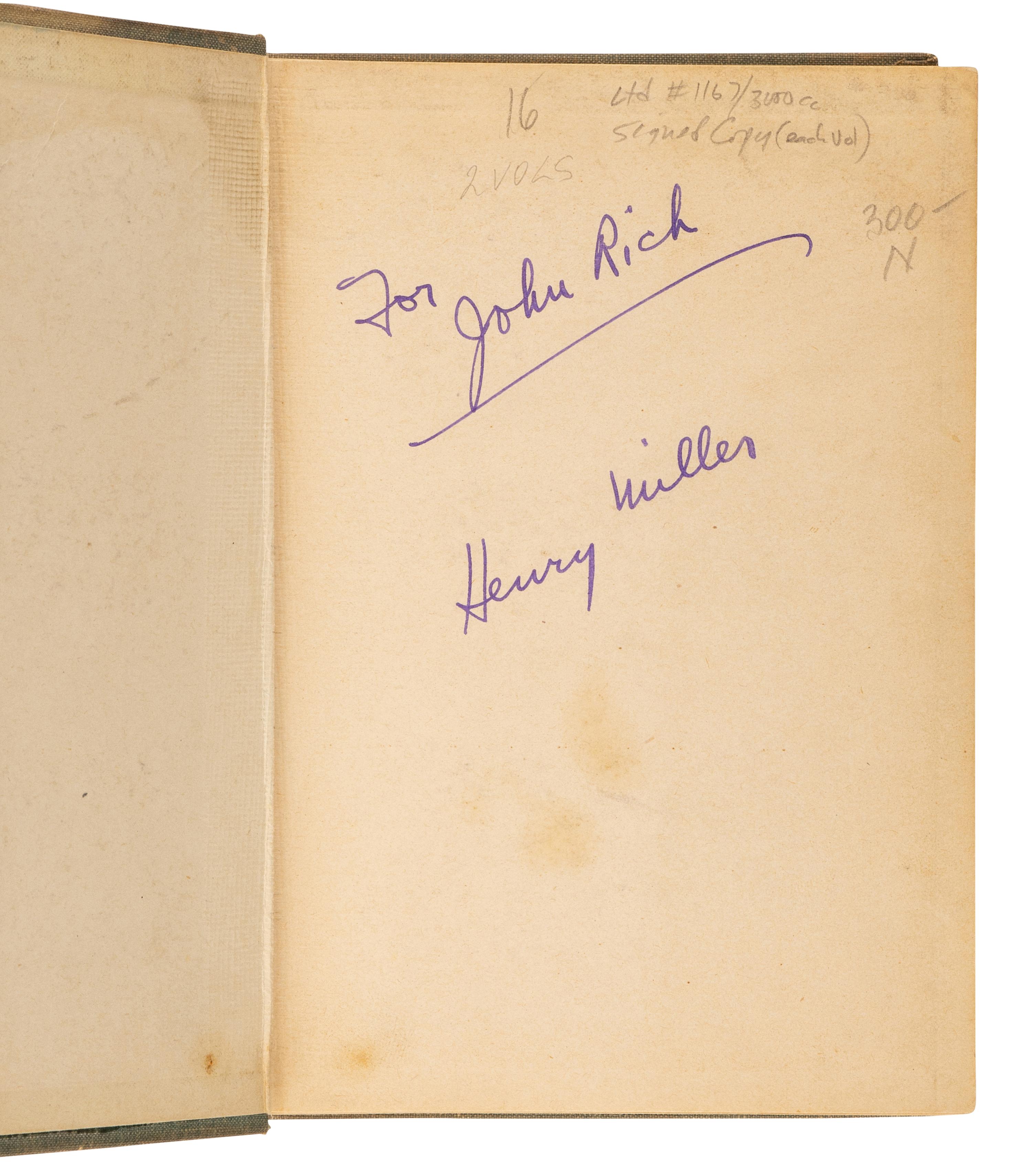 MILLER, Henry (1891-1980). The Rosy Crucifixion Book One: Sexus . Paris: The Obelisk Press, 1949.