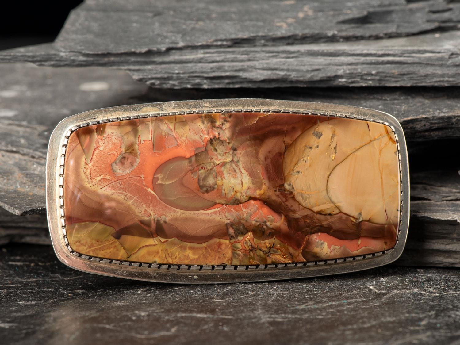 Silver and Petrified Wood Belt Buckle, with Gold Accents on Reverse